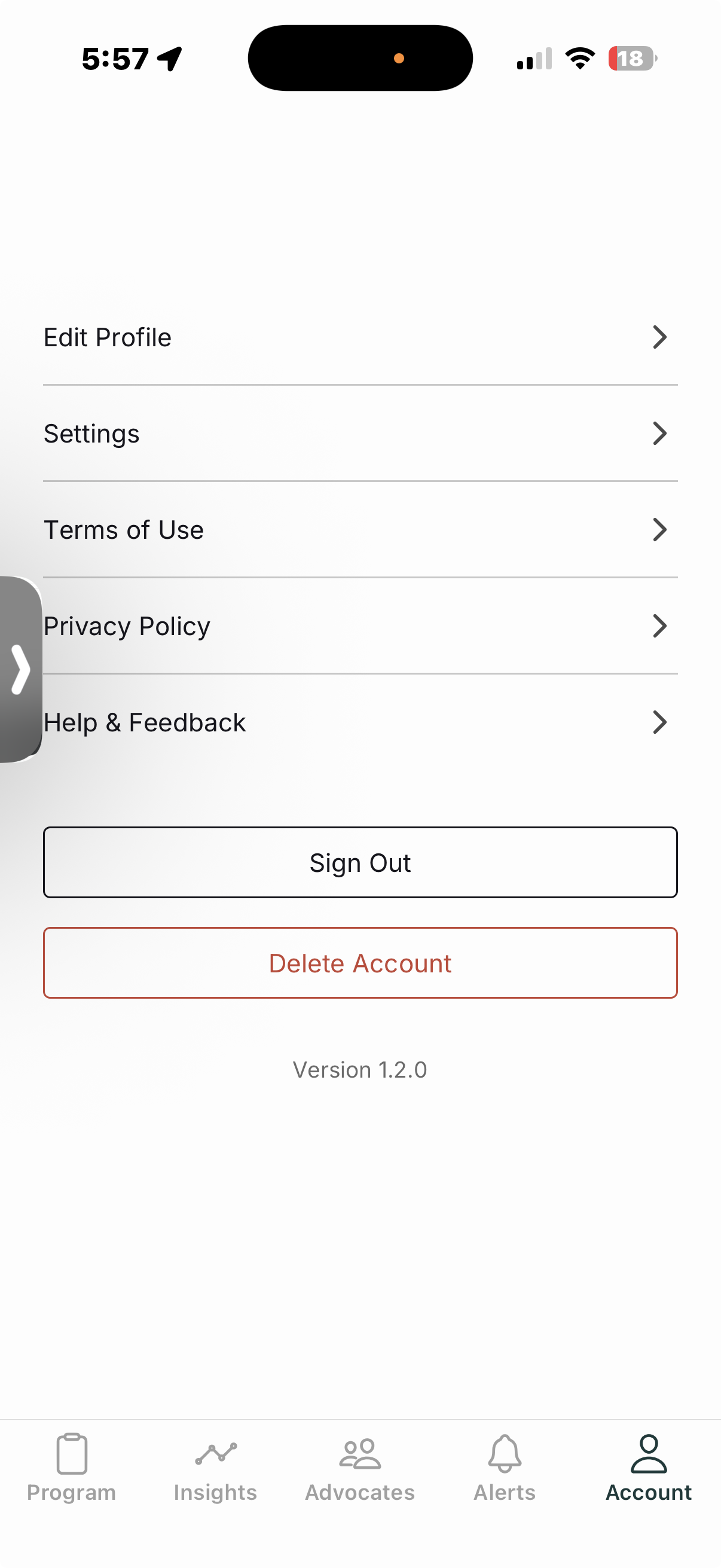 Invyta mobile app Account screen with Delete account visible