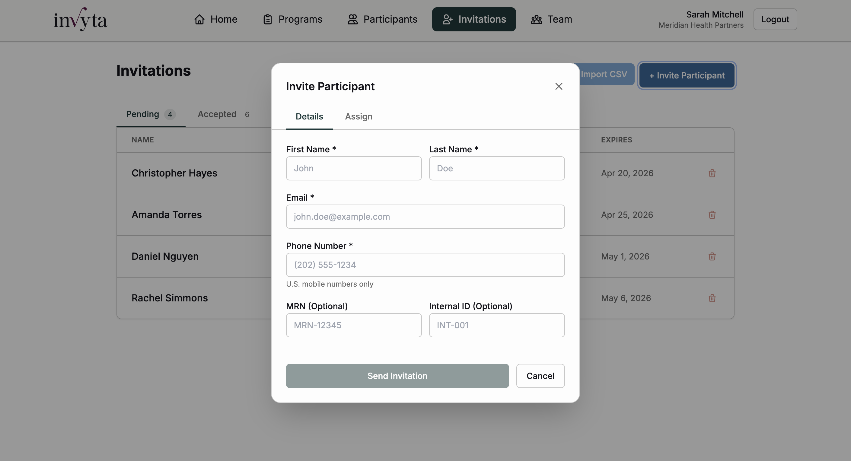 Invite participants: single entry and bulk CSV with pending list